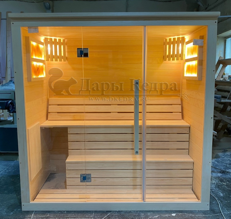 Трехместная прямая финская «Элит» сауна кабина из кедра и липы с электрокаменкой